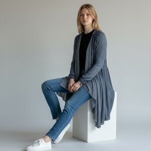 Pretty Angel Blue Linen Blend Sparkle Waterfall Lace Cardigan Kimono, Large